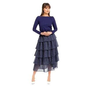 Taylor Tillman New York Gabrielle Navy Polka Dot Tiered Midi Skirt M $215